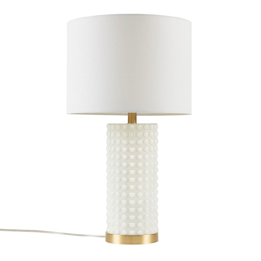 Textured Dot Table Lamp white glass gold base drum shade overall