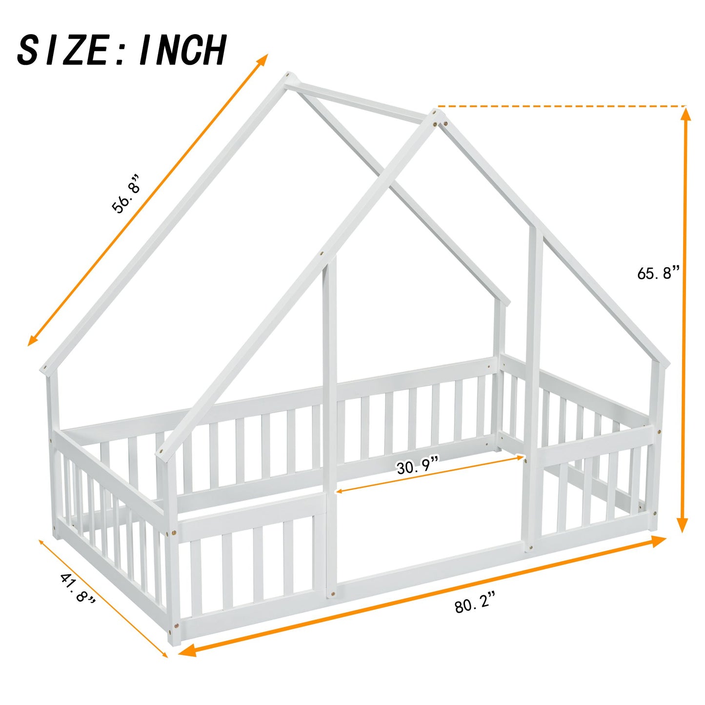 Twin Wood House-Shaped Floor Bed with Fence, Guardrails ,White image 20