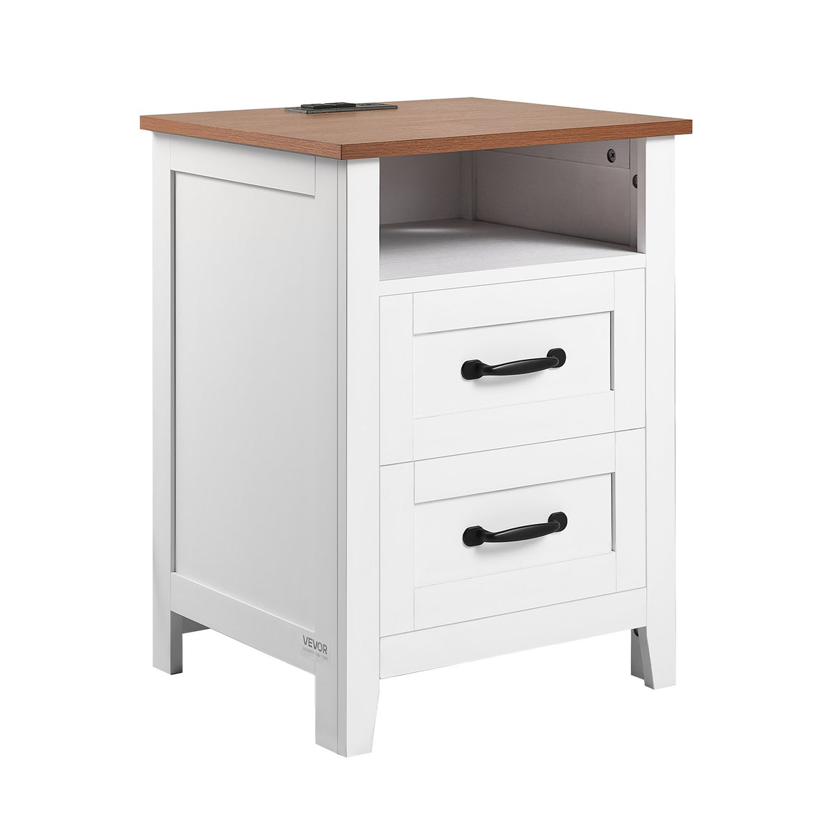VEVOR Farmhouse Nightstand, with Charging Station, End Table with 2 Drawers and Open Shelf, Bedside Storage Cabinet, Rustic Side Table with USB Port and AC Outlets, for Bedroom, Living Room, White - BCGBSBZHBCTJTJFDP001V1 - view 10