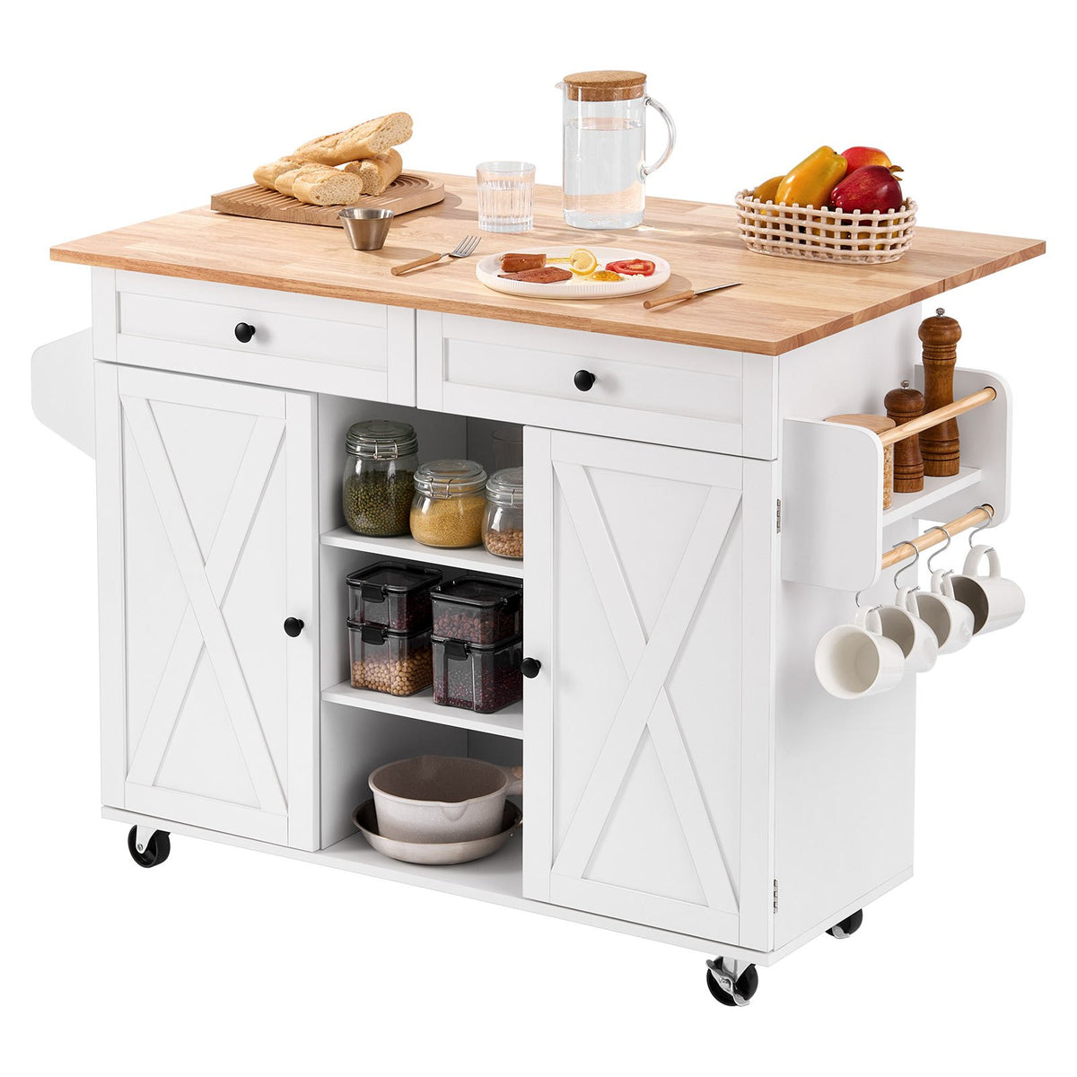 VEVOR Kitchen Island Cart, with Solid Wood Top and Storage Cabinet, Mobile Rolling Table with Drop Leaf, Drawers, Spice Towel Rack, Portable Islands on Swivel Wheels for Dining Room, 52in Width, White - BFBYDKCFDBS2K4K0T001V0 - view 10