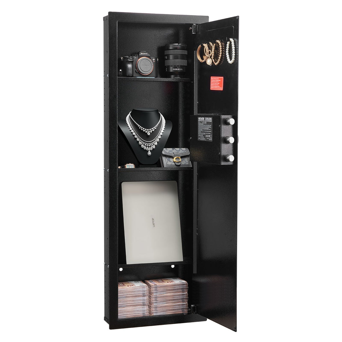 VEVOR Wall Safe, 4-Tier Hidden Wall Mounted Gun Safe with Password & Key, Q235 Cold-Rolled Steel In-Wall Box with LED Lighting, 3 Adjustable Shelves & Key Holders for Money, Jewelry, Passport, Black - BGBXJ39144341RL29001V9 - view 10