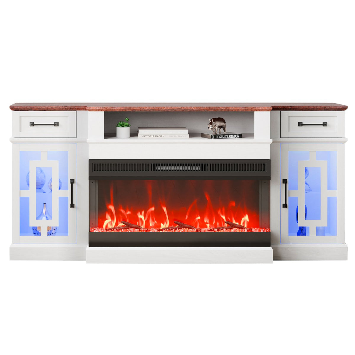 VEVOR 80" Fireplace TV Stand, Media Storage Corner with 36" Fireplace, Storage Drawers & Cabinets, Vintage TV Console Table with 20 LED Lights, Remote Control & Timer for Living Room, Brown & White - BLDSJ70CDSJ3CKP4PV1 - view 10