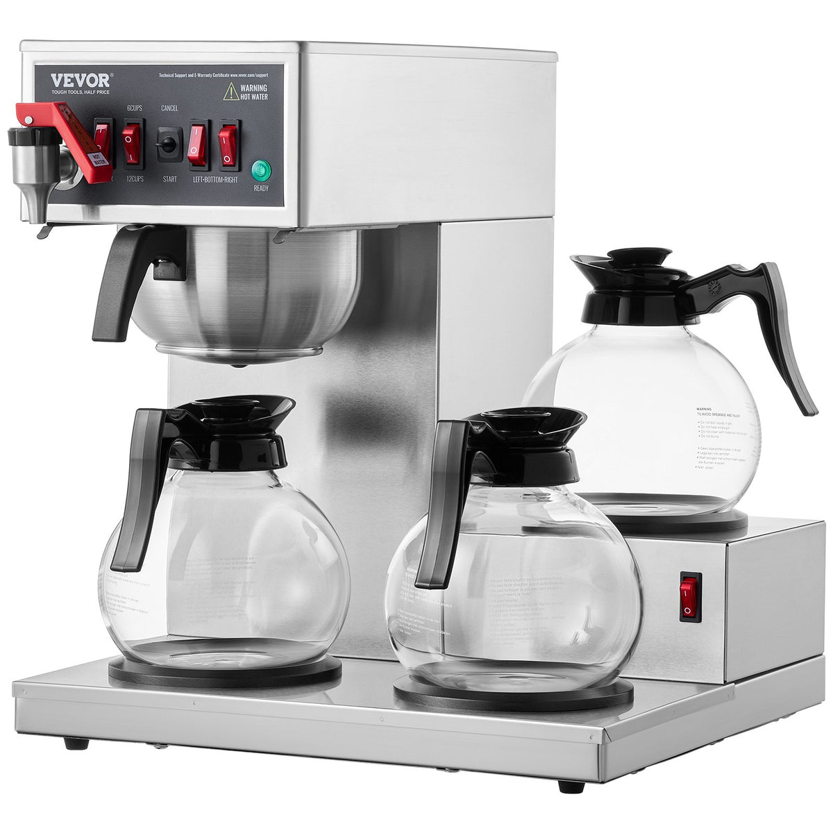 VEVOR 12 Cups Commercial Drip Coffee Maker, Coffee Maker Machine with 3 Glass Carafes and 3 Warmer Plates, Stainless Steel Pour Over Coffee Brewer for Restaurant, Office, Cafe - BLHSYMSKFJ3GO2QWUV1 - view 10