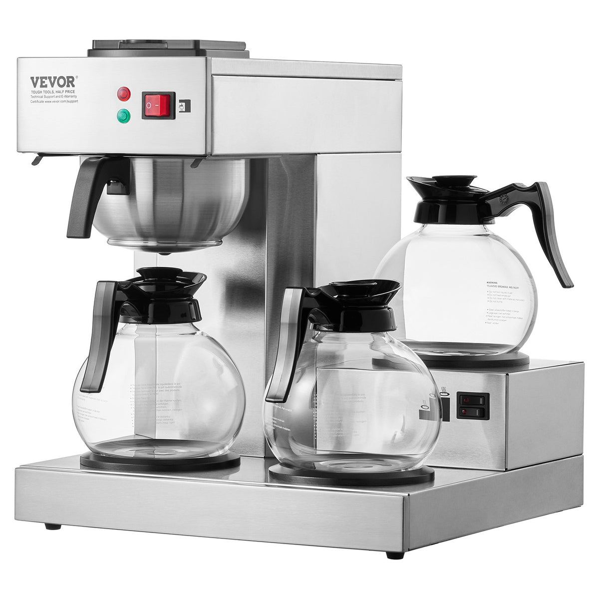 VEVOR 12 Cups Commercial Drip Coffee Maker, Coffee Maker Machine with 3 Glass Carafes and 3 Warmer Plates, Stainless Steel Pour Over Coffee Brewer with Auto Water Intake, for Restaurant Office Cafe - BLHSYMSKFJ3GTVTPSV1 - view 10