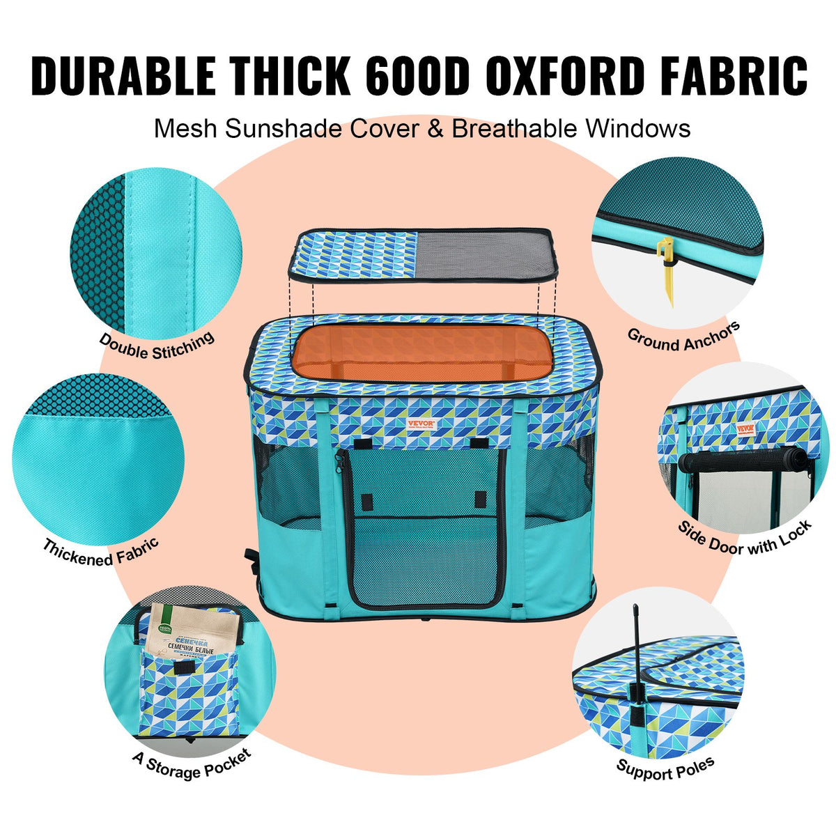 VEVOR Foldable Pet Playpen, 32'' x 24'' x 22'' Portable Dog Playpen, Crate Kennel for Puppy, Dog, Cat, Waterproof 600D Oxford Cloth, Removable Zipper, for Indoor Outdoor Travel - BLKZDCWWL32IBTPWQV0 - view 3