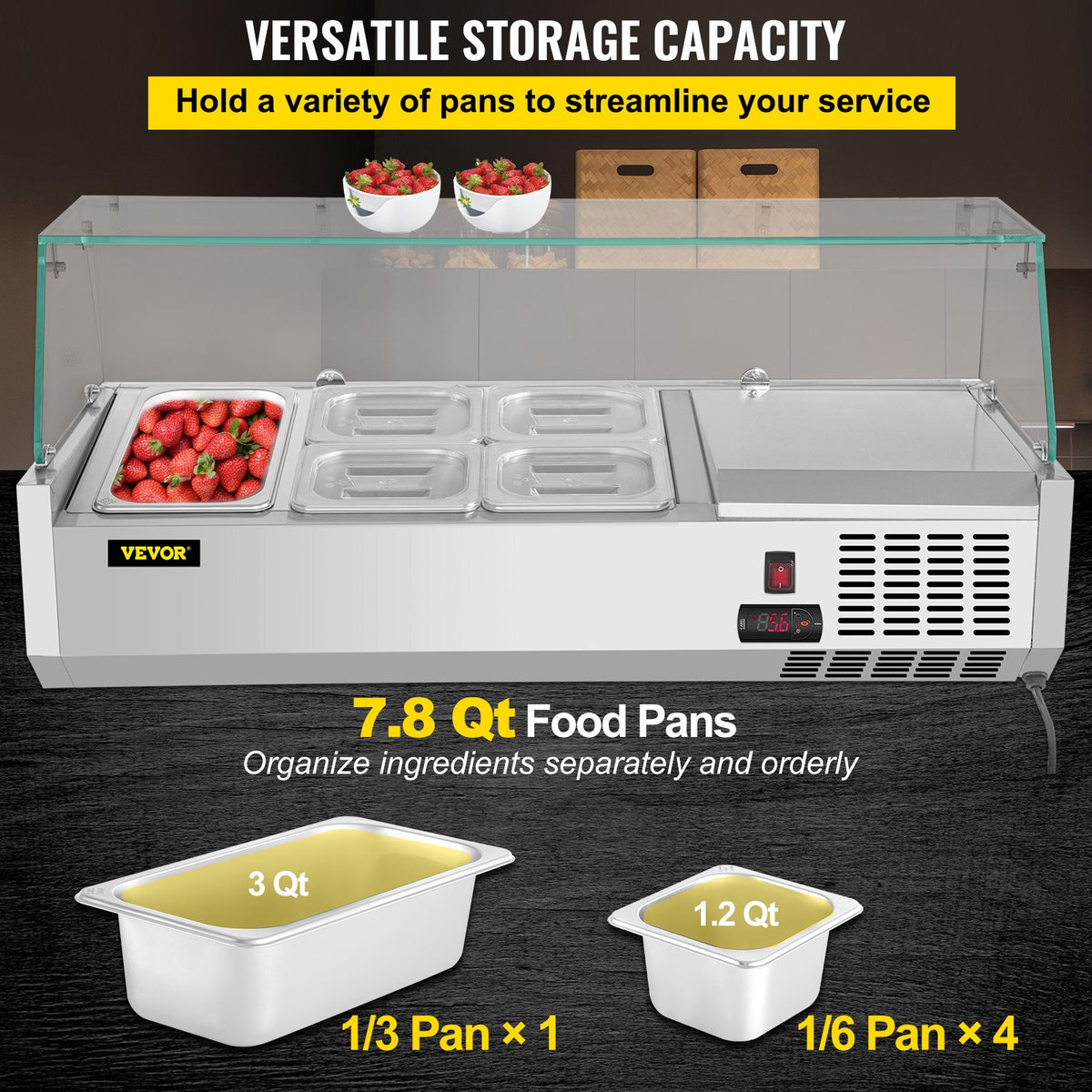 VEVOR Refrigerated Condiment Prep Station, 40-Inch, 7.8Qt Sandwich Prep Table with 1 1/3 Pan & 4 1/6 Pans, 150W Salad Bar with 304 Stainless Body Tempered Glass Shield Digital - BLZBXGL40110VQLX5V1 - view 3