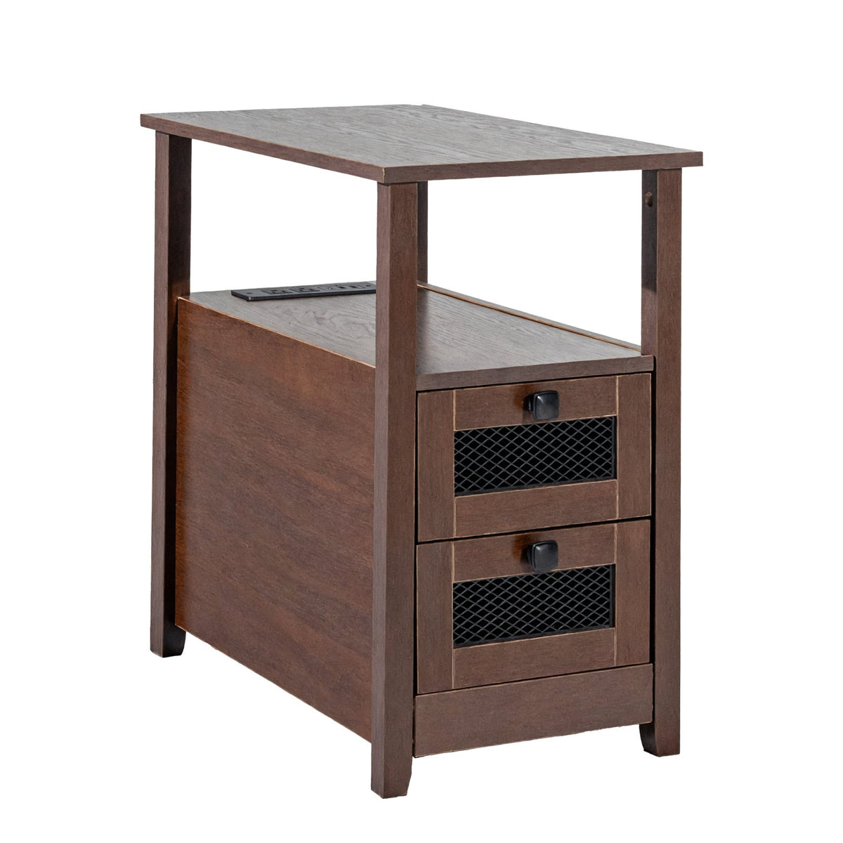VEVOR Farmhouse End Table, Nightstand with Charging Station, 4 Tiers End Table with Storage Cabinet and 2 Drawers, Side Table with USB Ports and Outlets, Ideal for Living Room, Bedroom, Brown - BSBZ1JTBKFZXNV69LV1 - view 10