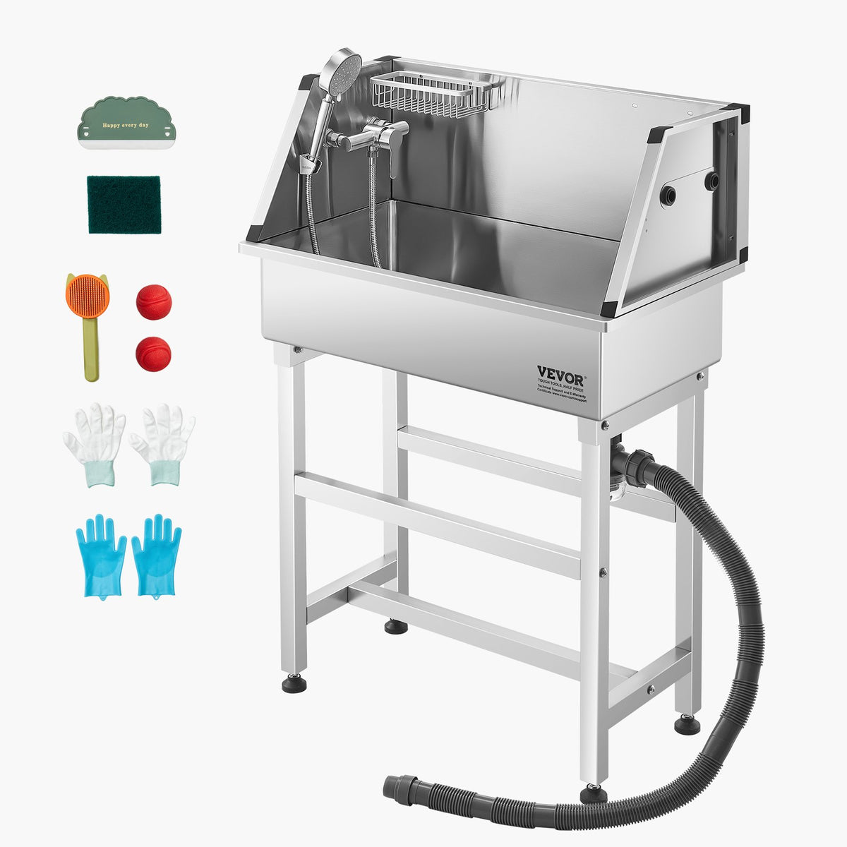VEVOR 34 Inch Stainless Steel Dog Washing Station, Pet Grooming Tub with Hot & Cold Faucet, Showerhead, Storage Rack, No-Bend All-in-One Bathtub, Home Wash Sink, Fits Small Cats and Dogs - BXGCWYG34CJY8SX20V0 - view 10
