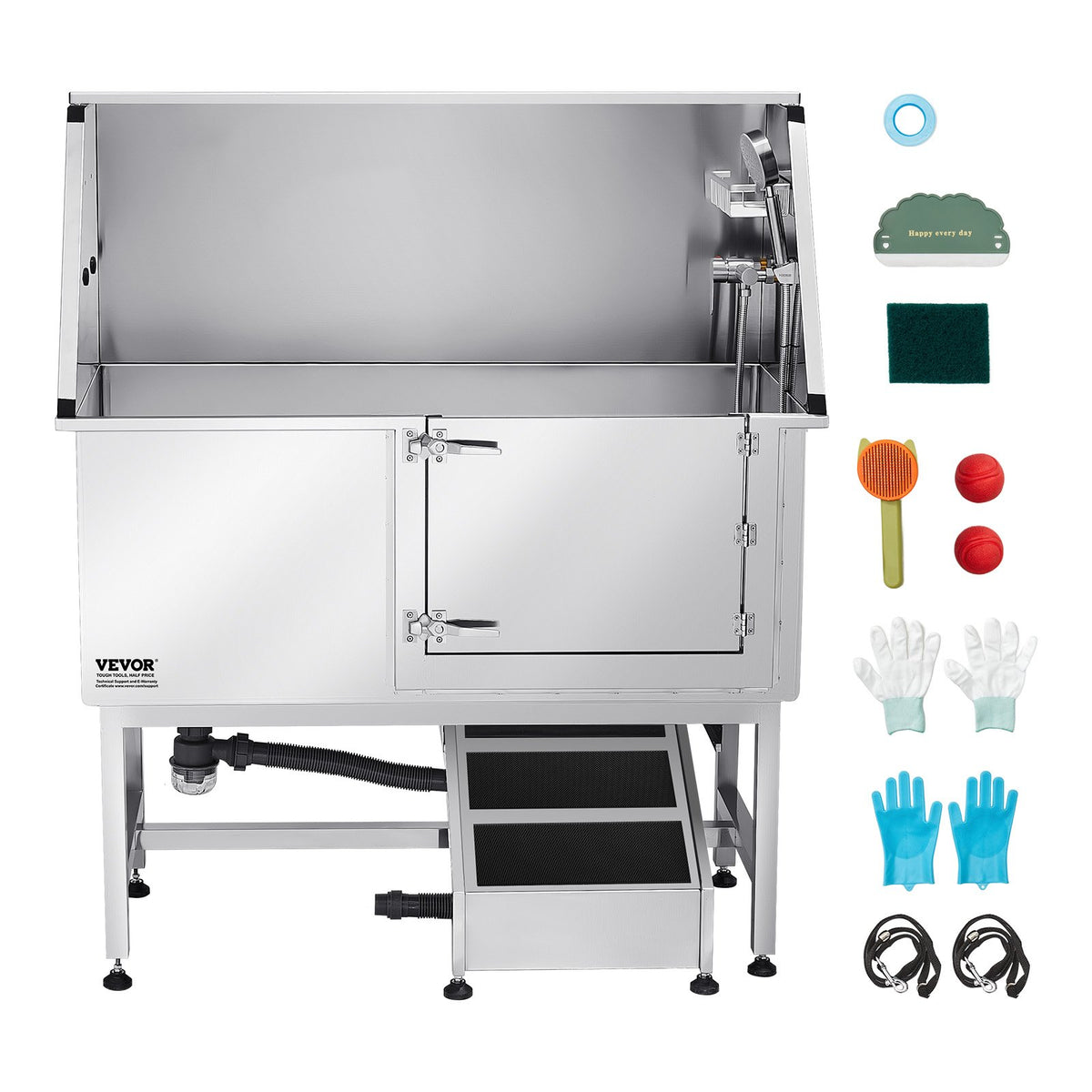 VEVOR Stainless Steel Dog Washing Station, 50 inch Pet Grooming Tub w/ Ramp, PE Water Filter Board, Faucet & Showerhead & Soap Holder Dog Bathtub for Large & Medium & Small Pets (Right Door) - BXGCWYG50CSLO0P1YV0 - view 10