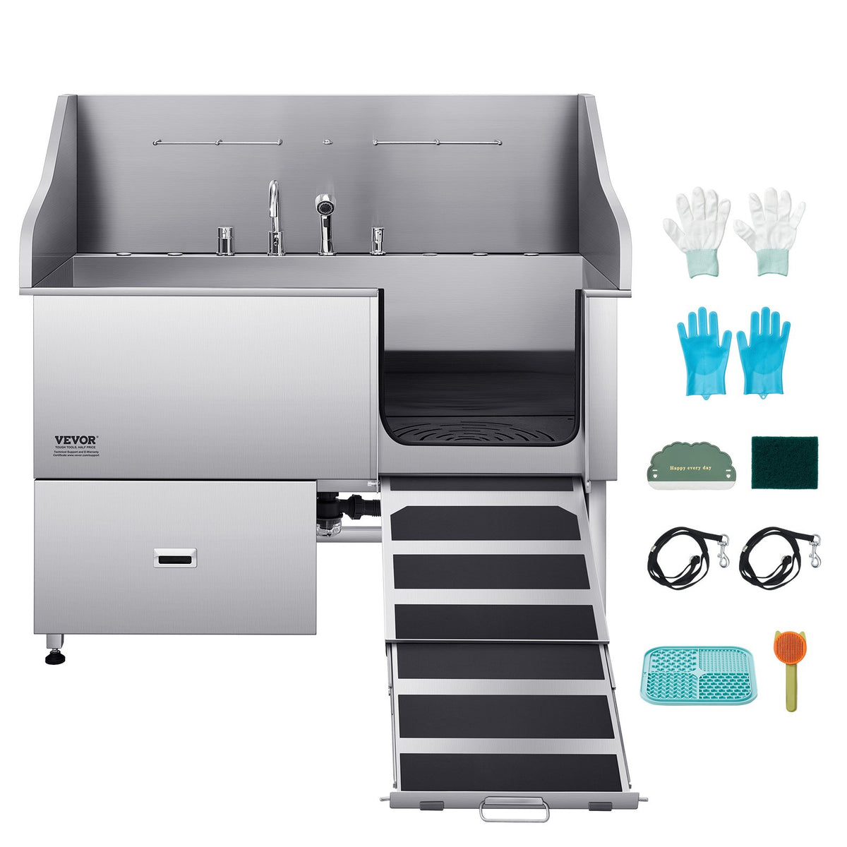 VEVOR Stainless Steel Dog Washing Station, 61 inch Pet Grooming Tub w/ Ramp, Water Filter Board, Faucet & Showerhead & Leash Dog Bathtub for Large & Medium & Small Pets (Right Door) - BXGCWYG61CPDIM12TV0 - view 10