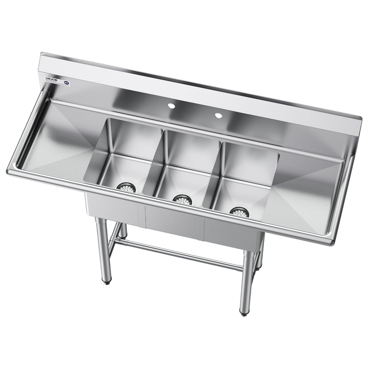 VEVOR 3 Compartment Sink, 18-Gauge 304 Stainless Steel, 10" x 14" x 10" Bowl Size, 3 Bay Commercial Kitchen Prep & Utility Sink with 2 Drainboards and Backsplash for Restaurant, Food Truck & Home Use - BXGDLSSCMSSCSNYC7001V0 - view 10