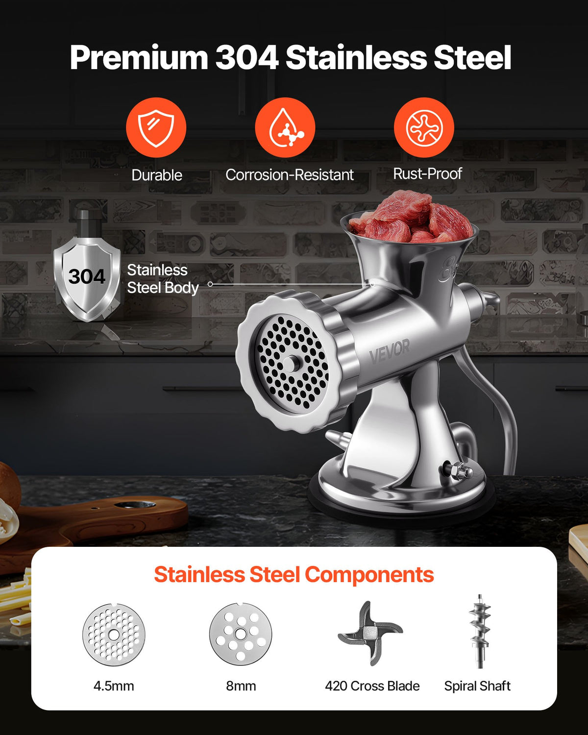 VEVOR Manual Meat Grinder, 304 Stainless Steel Hand Meat Grinder with Suction Cup + Steel Table Clamp, Meat Mincer Sausage Maker & 2 Cutting Plates, Sausage Tube, Grinding Head for Beef Pepper Cookie - BXGSDJRJYS305W7U7V0 - view 3