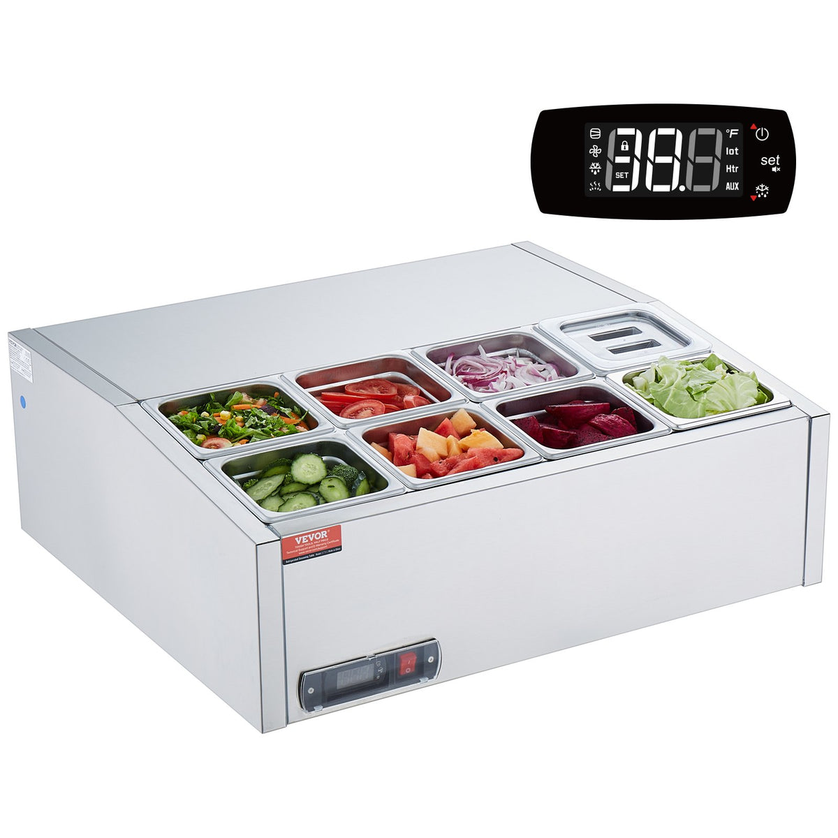 VEVOR Refrigerated Condiment Prep Station, 140 W Countertop Refrigerated Condiment Station, with 8 1/6 Pans, 304 Stainless Body and PC Lid, Sandwich Prep Table with Stainless Steel Guard, ETL - BXGZLZDWT275H30FEV1 - view 10
