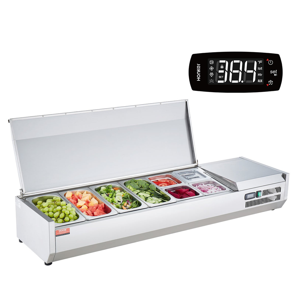VEVOR Refrigerated Condiment Prep Station, 150 W Countertop Refrigerated Condiment Station, with 4 1/3 Pans & 4 1/6 Pans, 304 Stainless Body and PC Lid, Sandwich Prep Table with Stainless Guard, ETL - BXGZLZDWT60YYE2NAV1 - view 10
