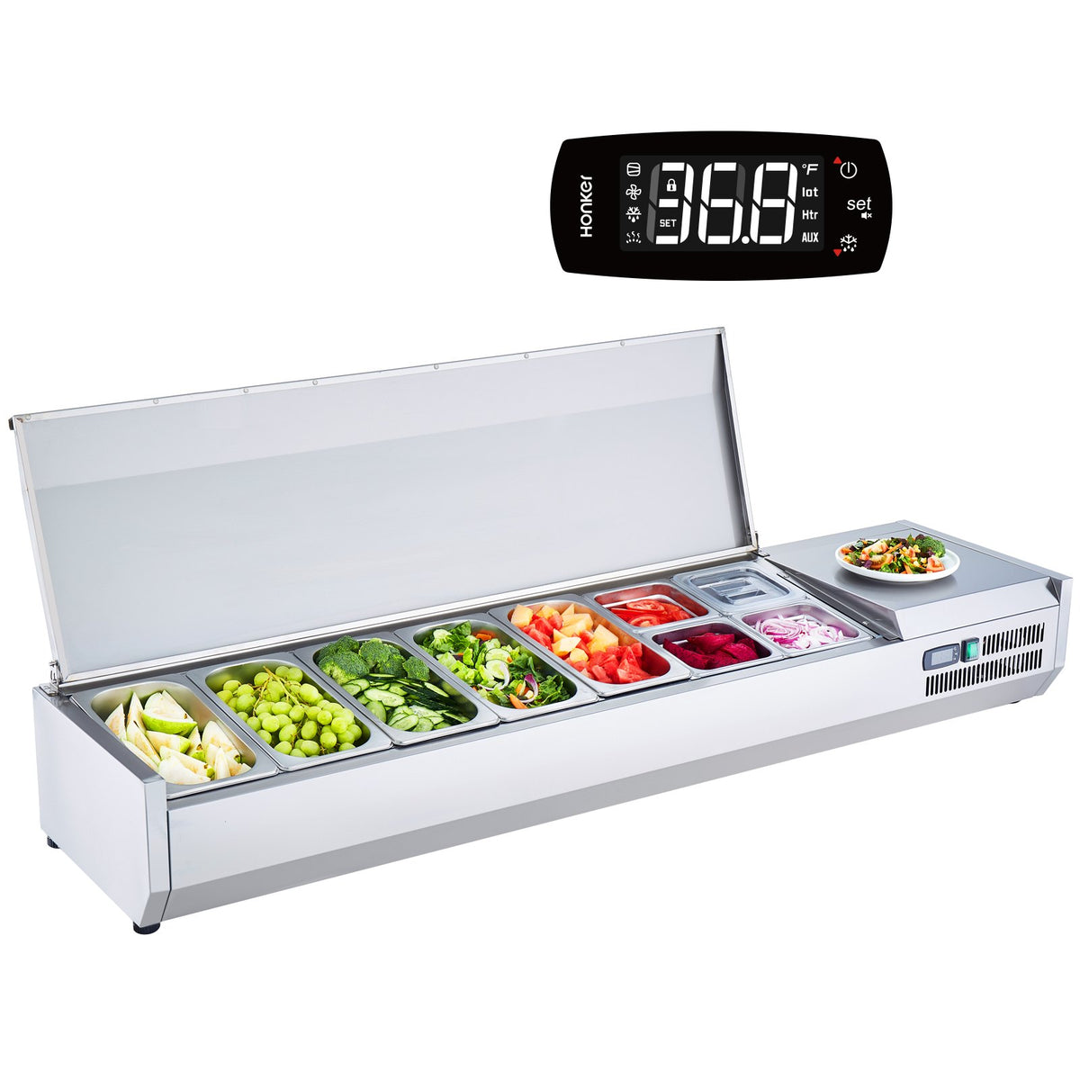 VEVOR Refrigerated Condiment Prep Station, 160 W Countertop Refrigerated Condiment Station, with 5 1/3 Pans & 4 1/6 Pans, 304 Stainless Body and PC Lid, Sandwich Prep Table with Stainless Guard, ETL - BXGZLZDWT71YA9AG7V1 - view 10