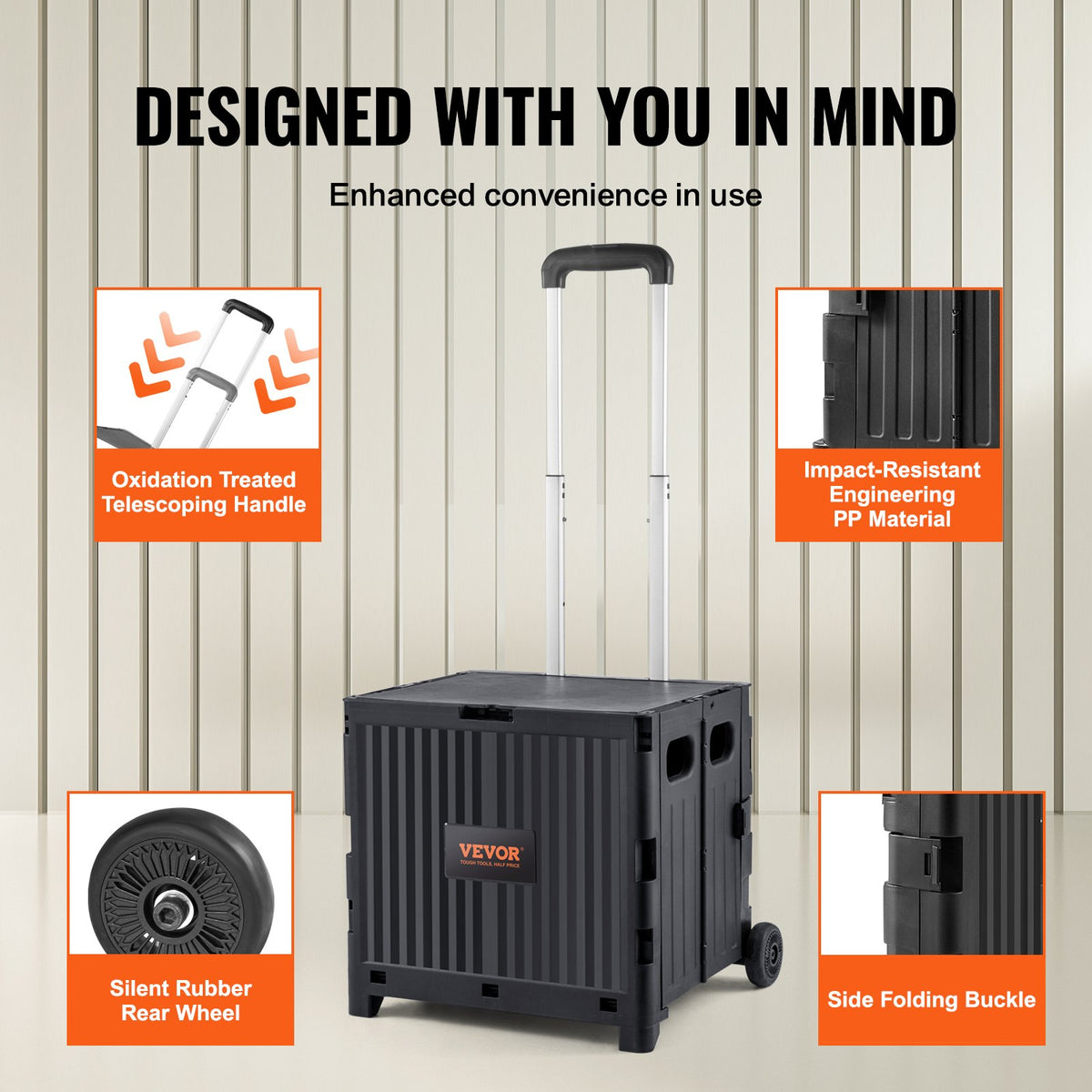 VEVOR Foldable Utility Cart, 80 lbs Load Capacity, Folding Portable Rolling Crate Handcart with Durable Heavy Duty Telescoping Handle and 2 Wheels for Travel Shopping Moving Luggage Office Use, Black - BXSGWCXCZLBD2C7A9V0 - view 3
