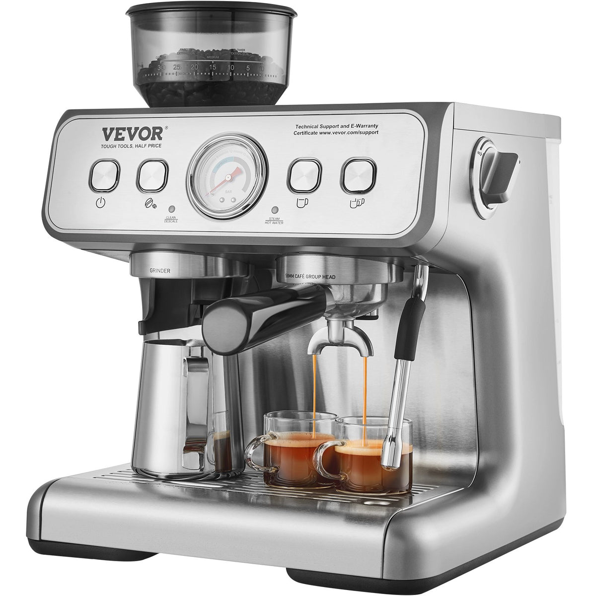 VEVOR Espresso Machine with Grinder, 15 Bar Semi-Automatic Espresso Coffee Maker with Milk Frother Steam Wand, Removable Water Tank & Pressure Gauge for Cappuccino, Latte, Machiato, PID Control System - BZDYSKFJYMKAH5JSRV1 - view 10