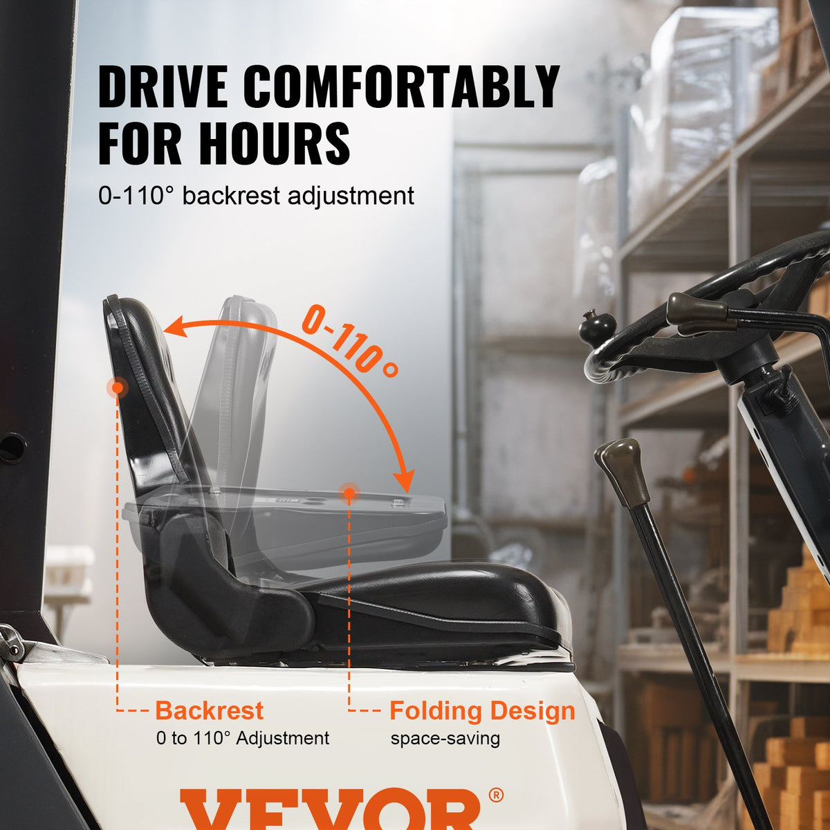 VEVOR Universal Forklift Seat, Fold Down Tractor Seat with Adjustable Angle Back and Micro Switch, 6.3-13.4 inch Extended Slot Comfortable Forklift Seat for Tractor Loader - CCZYCGKDY0007EM3EV0 - view 3