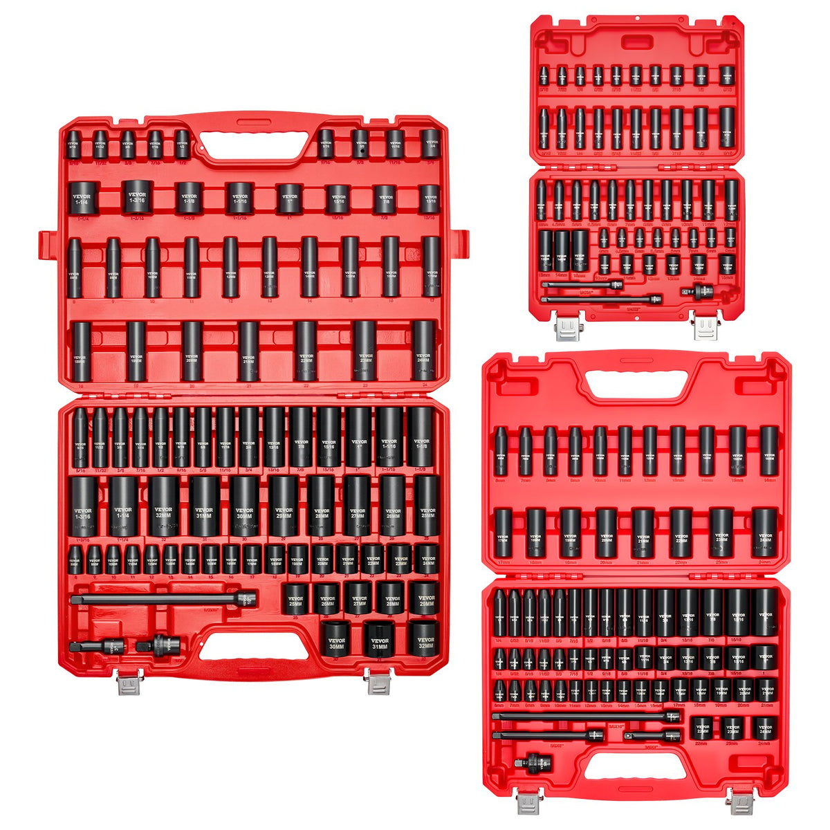 VEVOR 210 Piece Drive Impact Socket Set, 1/4, 3/8, 1/2 Inch, 6 Point Deep & Shallow Impact Sockets, SAE (3/16 to 1-1/4 in) and Metric (4 to 32 mm) Sizes with Extension Bars, Cr-Mo Steel, Carrying Case - CJTTTZCRMOCZYTPP1001V0 - view 10