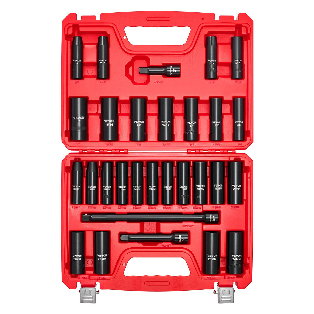 VEVOR 1/2 in Drive Impact Socket Set, 29 Piece, 6 Point Deep Impact Sockets, SAE (3/8 to 1 inch) and Metric (10 to 24 mm) Sizes with Extension Bars (3, 5, 10 in), Cr-V Steel, Heavy Duty Carrying Case - CJTTTZCRVCZ240U6O001V0 - view 10