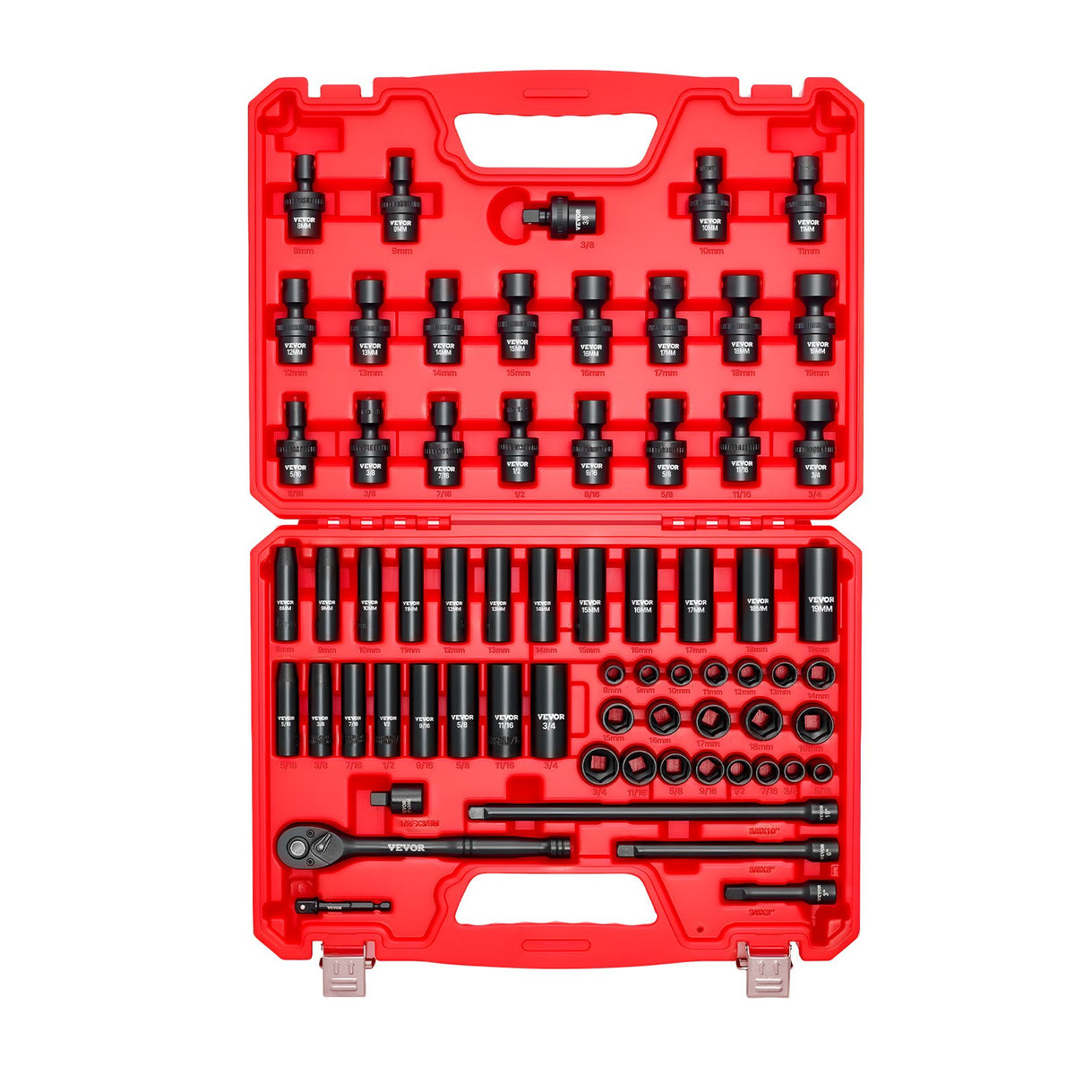 VEVOR 3/8 in Drive Impact Socket Set, 67 Piece, 6 Point Shallow & Deep Impact Sockets, SAE (5/16 in to 3/4 in) and Metric (8 mm to 19 mm), Swivel Sockets, Adapters, Cr-V & Cr-Mo Steel, Carrying Case - CJTTTZCRVCZ63OK3E001V0 - view 10