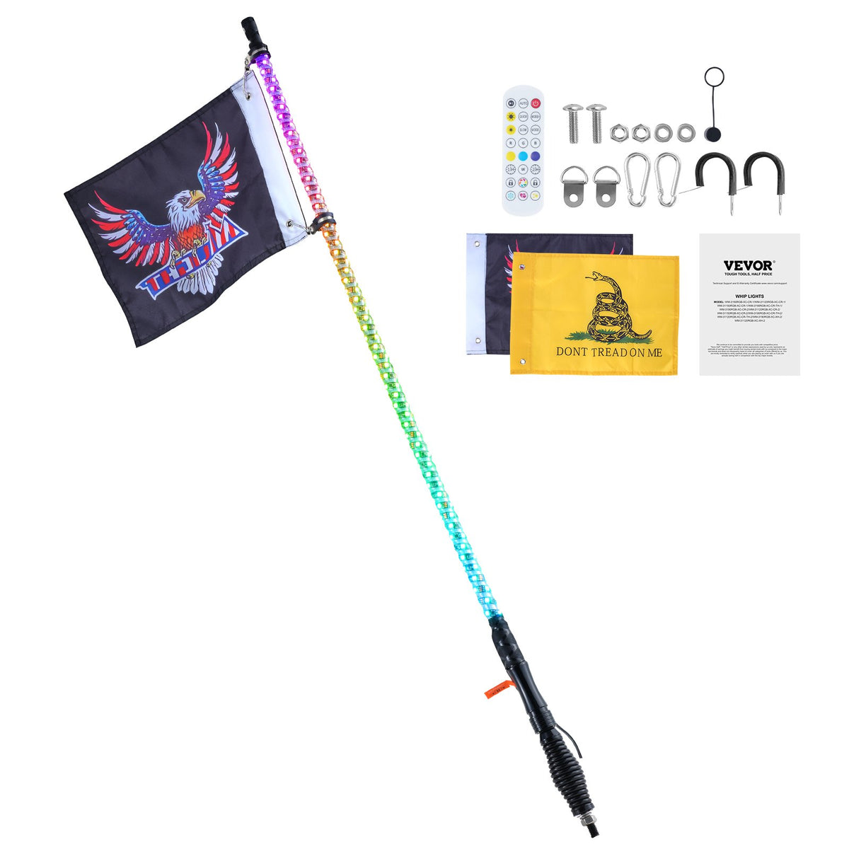 VEVOR 1 PC 3 FT Whip Light with Spring Base, Led Whip Light with APP & Remote Control, Waterproof 360° Spiral RGB Chasing Lighted Whip with 2 Flags, for UTVs, ATVs, Motorcycles, RZR, Can-am, Go-karts - CRKJPDHDZ3YCXFOKLV9 - view 10