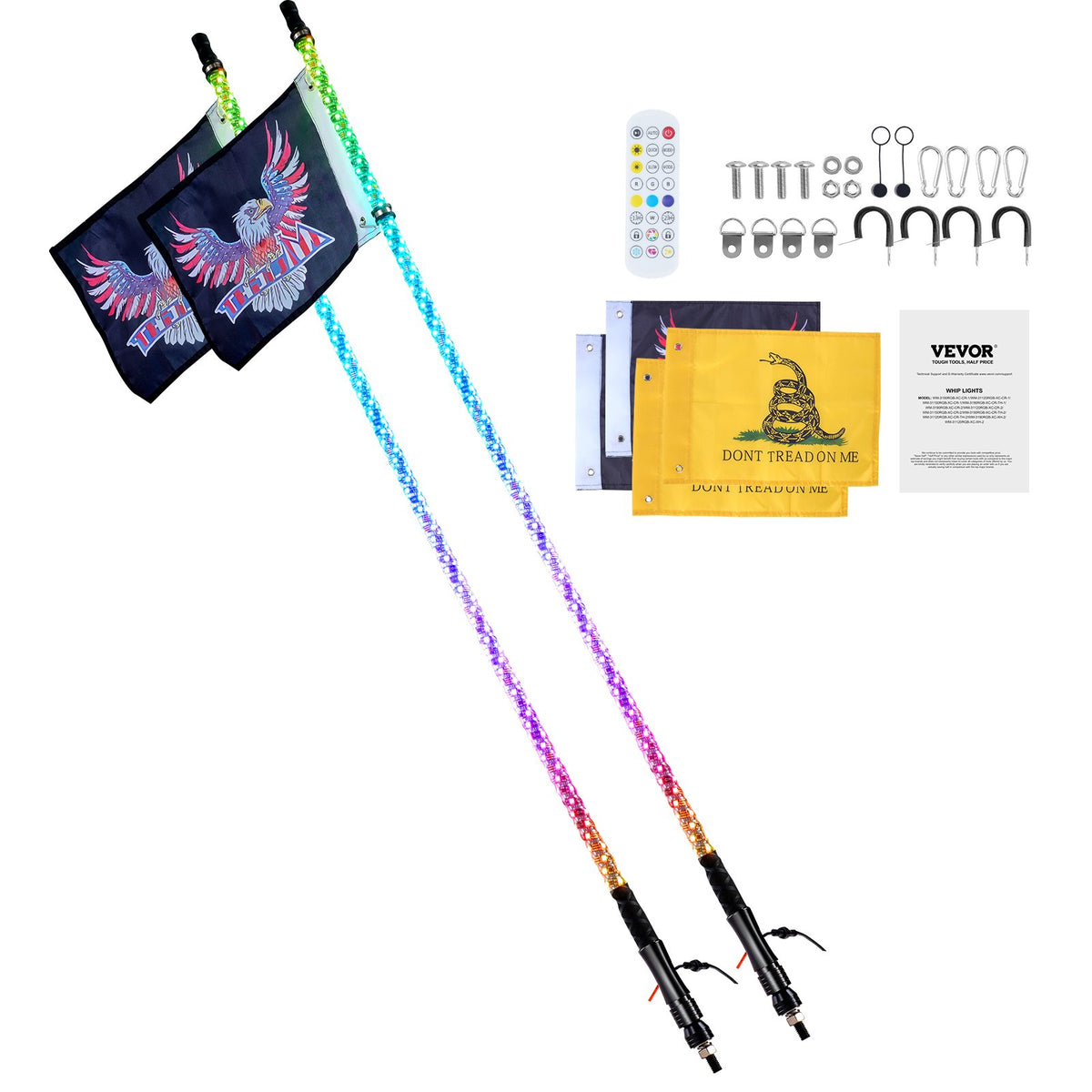 VEVOR 2 PCS 3 FT Whip Light, APP & RF Remote Control Led Whip Light, Waterproof 360° Spiral RGB Chasing Lighted Whips with 4 Flags, for UTVs, ATVs, Motorcycles, RZR, Can-am, Trucks, Off-road, Go-karts - CRKJPPTDZ3YCWOVTSV9 - view 10