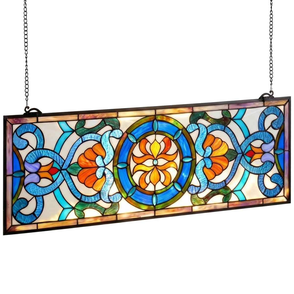 VEVOR Stained Glass Window Panel, 35.1" x 12.9" Tiffany Style Hanging Transom Window Panel with Chain, Large Horizontal Rectangle Stain Glass, Vintage Traditional Art Handcrafts for Kitchen Home Decor - CSBLBXZ2025H369UW001V0 - view 10