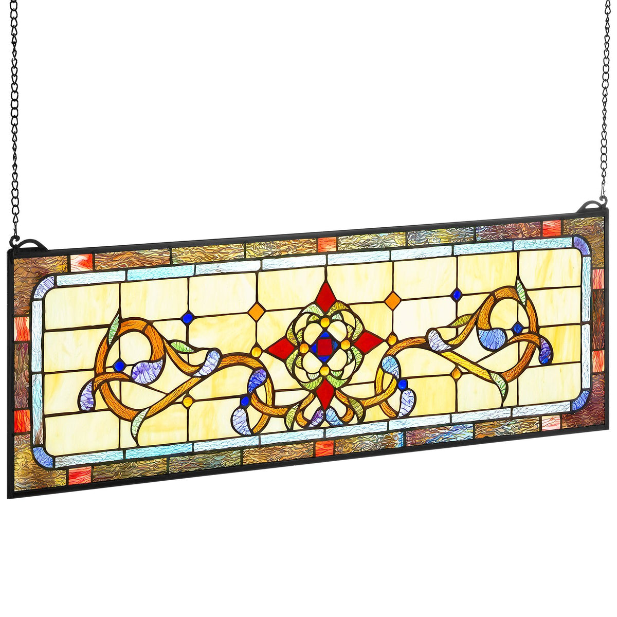 VEVOR Stained Glass Window Panel, 32" x 11" Tiffany Style Hanging Transom Window Panel with Chain, Large Horizontal Rectangle Stain Glass, Vintage Traditional Art Handcrafts for Kitchen Home Decor - CSBLBXZ2025HPIDTZ001V0 - view 10