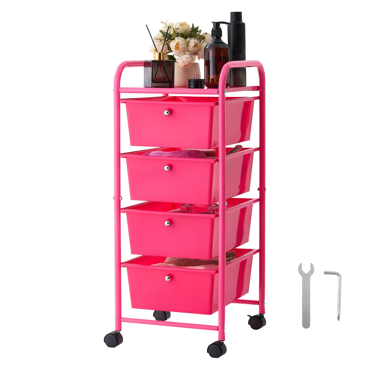VEVOR Rolling Cart with Drawers, 4 Drawer Storage Organizer, Mobile Utility Cart with Steel Frame, Universal Casters & 2 Brakes, for Office, Classroom, Craft Tools, Garage, Cleaning Supplies, Rose Red - CTTCDPDPPT4CY8TN3001V0 - view 10