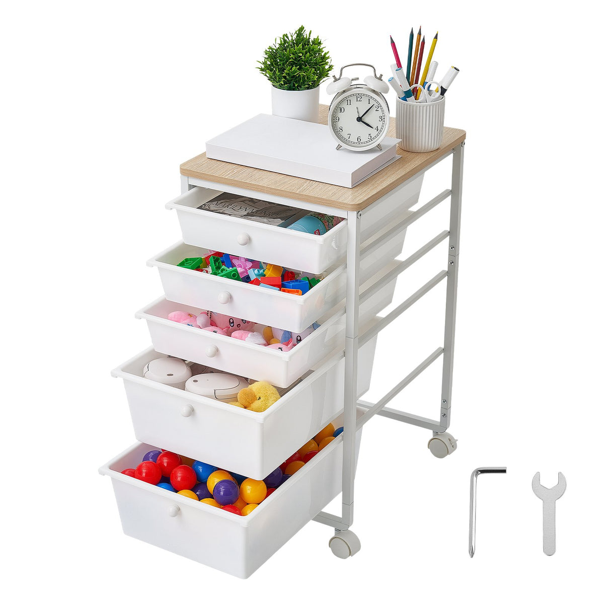 VEVOR Rolling Cart with Drawers, 5 Drawer Storage Organizer, Mobile Utility Cart with Wood Top, Steel Frame, Universal Casters & 2 Brakes, for Office, Classroom, Craft Supplies, Bedroom, Makeup, White - CTTCDPDPPT5T6SH10001V0 - view 10