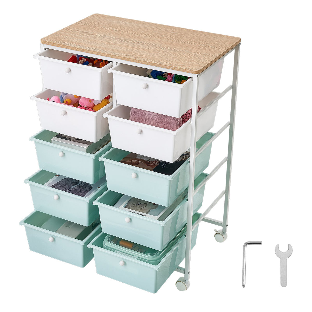 VEVOR Rolling Cart with Drawers, Double Row 10 Drawer Storage Organizer, Mobile Utility Cart, Wood Top, Steel Frame, Universal Casters & 2 Brakes, for Office, Classroom, Craft Room, Studio, Blue White - CTTCSPSPPT10TWFM7001V0 - view 10