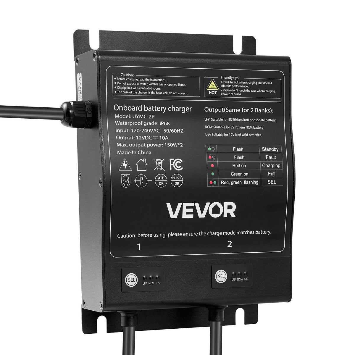 VEVOR Marine Battery Charger, 2-Bank, 10A 12V Onboard Boat Charger, IP68 Waterproof Smart On-Board Battery Charger, for Lithium-Ion (LiFePO4), NCM, Lead-Acid Batteries, Large Boat, Yacht, RV, Trailer - CYCDQ10A2FL0FII02001V5 - view 10