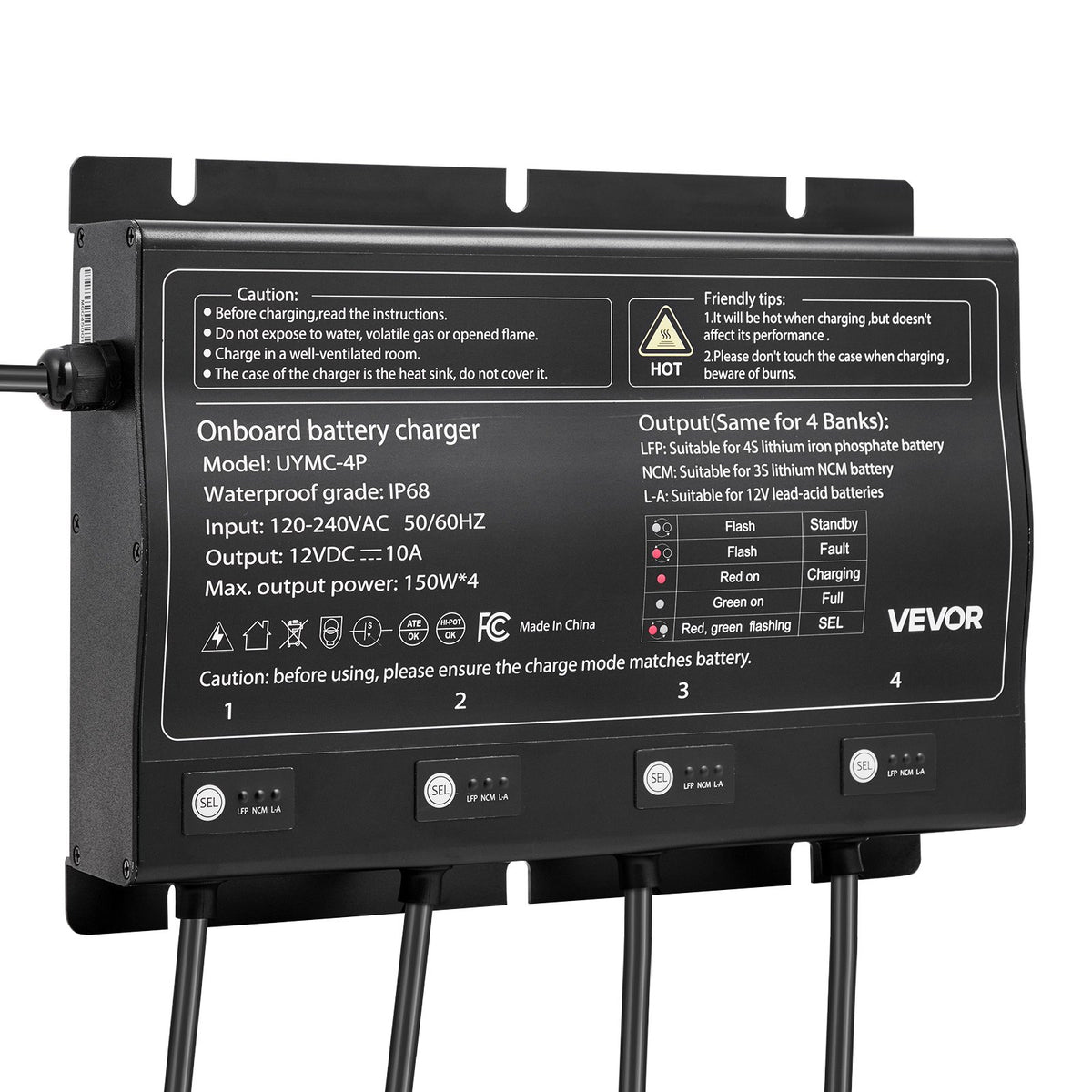 VEVOR Marine Battery Charger, 4-Bank, 10A 12V Onboard Boat Charger, IP68 Waterproof Smart On-Board Battery Charger, for Lithium-Ion (LiFePO4), NCM, Lead-Acid Batteries, Large Boat, Yacht, RV, Trailer - CYCDQ10A4FL0OT17T001V5 - view 10