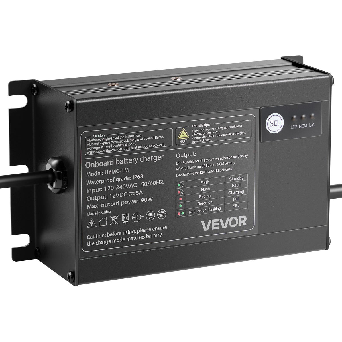 VEVOR Marine Battery Charger, 1-Bank, 5A 12V Onboard Boat Charger, IP68 Waterproof Smart On-Board Battery Charger, for Lithium-Ion (LiFePO4), NCM, Lead-Acid Batteries, Large Boat, Yacht, RV, Trailer - CYCDQ5A1FL00YMIYP001V5 - view 10