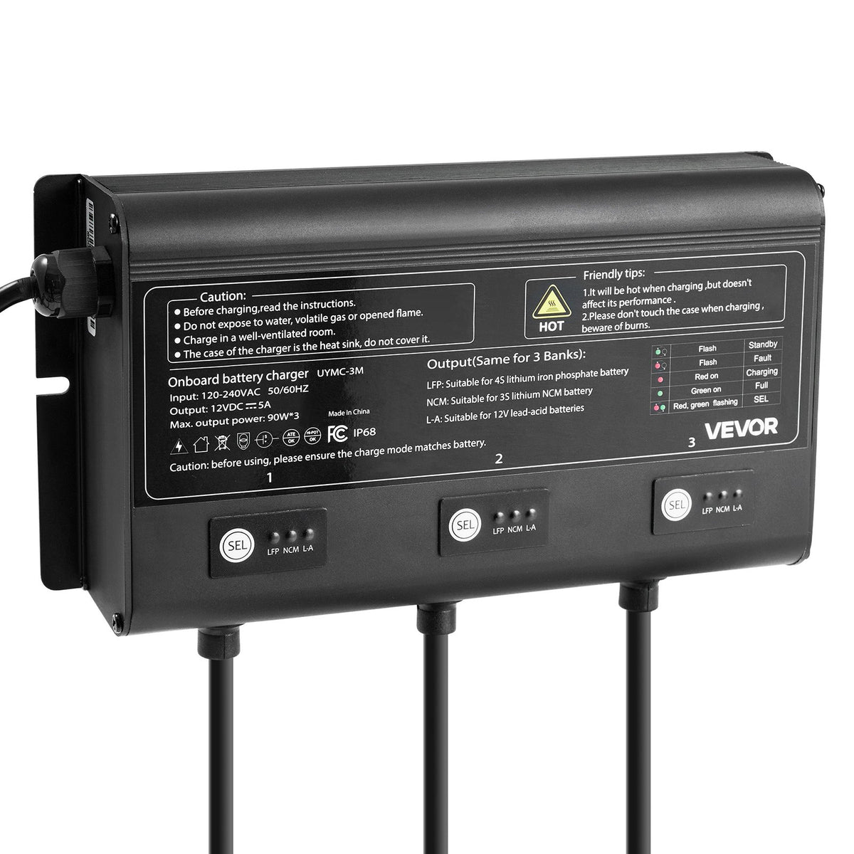 VEVOR Marine Battery Charger, 3-Bank, 5A 12V Onboard Boat Charger, IP68 Waterproof Smart On-Board Battery Charger, for Lithium-Ion (LiFePO4), NCM, Lead-Acid Batteries, Large Boat, Yacht, RV, Trailer - CYCDQ5A3FL00DUCTE001V5 - view 10