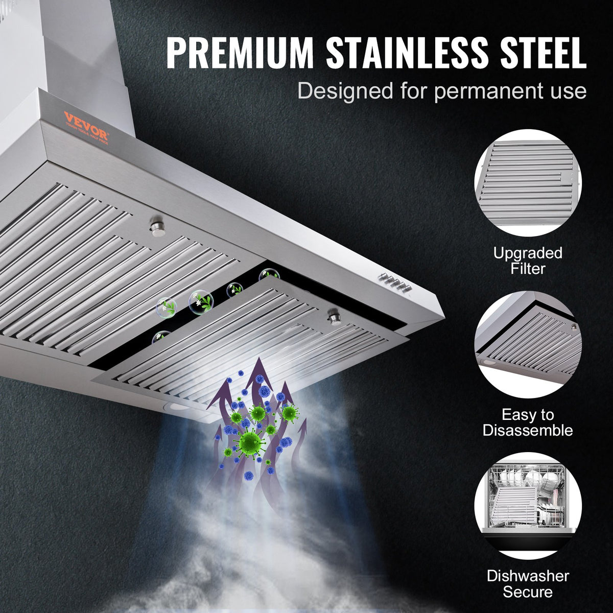 VEVOR Wall Mount Range Hood, Ductless Chimney-Style Kitchen Stove Vent, Stainless Steel Permanent Filter with 3-Speed Exhaust Fan, 2 Baffle Filters, LED Lights, Push Button, Silver (30 inch) - D30INCH200CFMR2IMV1 - view 3