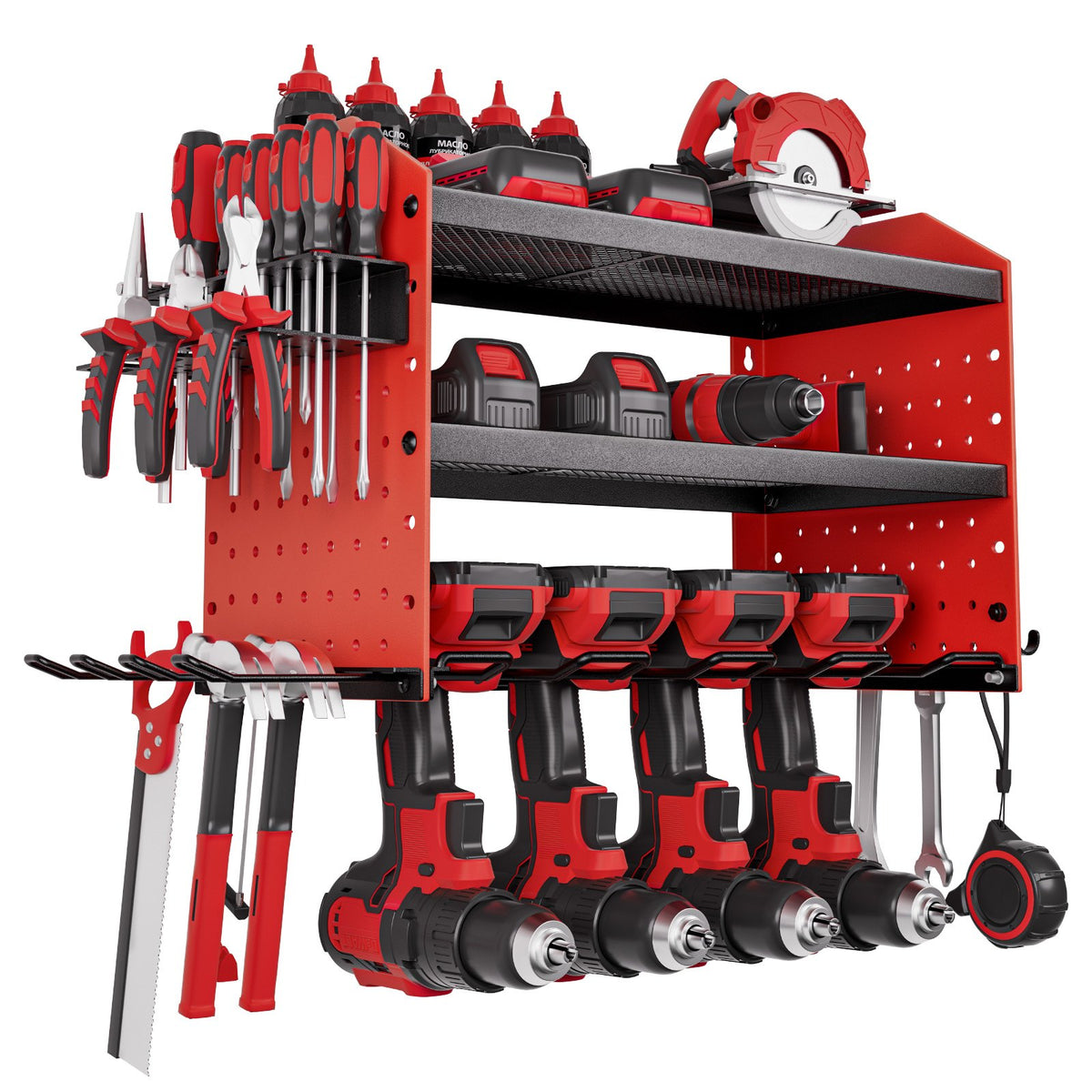 VEVOR Power Tool Organizer Wall Mount, 3-Layer Storage Rack with 4 Drill Holders, Tools Holder and Storage Rack with Side Pegboards, Garage Tool Organizer for Garage, Workbench, and Workshop - DDGJJTZGBK3C97DJ3002V0 - view 10