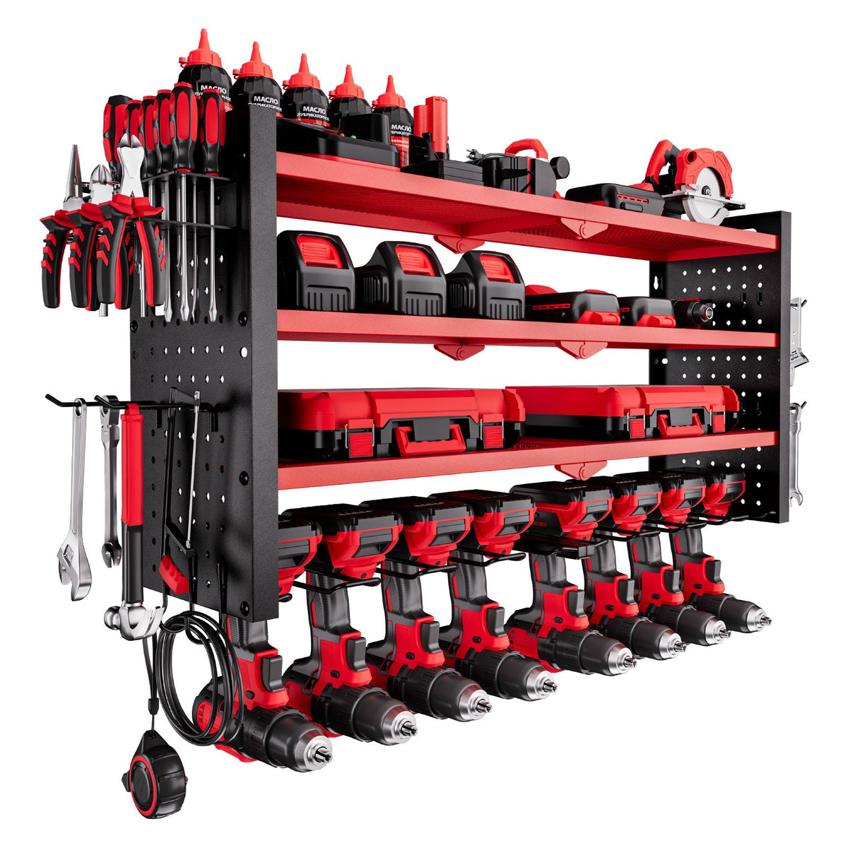 VEVOR Power Tool Organizer Wall Mount, 4-Layer Storage Rack with 8 Drill Holders, Tools Holder and Storage Rack with Side Pegboards, Garage Tool Organizer for Garage, Workbench, and Workshop - DDGJJTZGBK4CAJ8LT002V0 - view 10