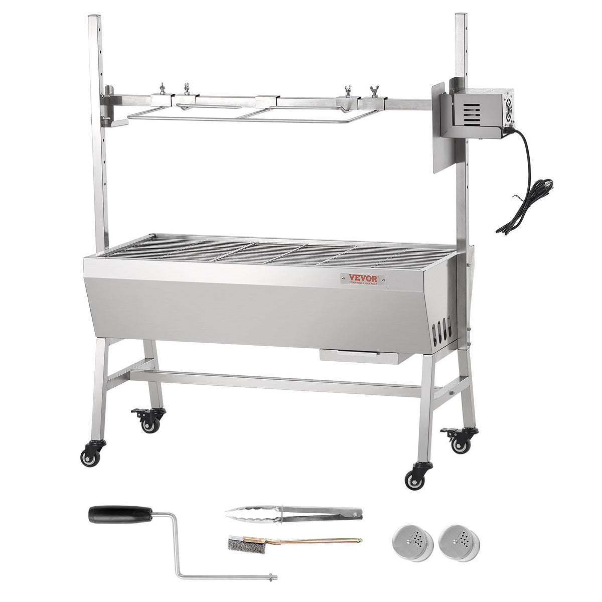 VEVOR Upgrade Rotisserie Grill, 35 Inch 90 Lbs Capacity, BBQ Whole Pig Lamb Goat Charcoal Spit Grill, Electric 42W Motor Stainless Steel Rotisserie Roaster with Lockable Wheels, for Camping Outdoor - DDXZKJ35YCCGS1ENDV1 - view 10