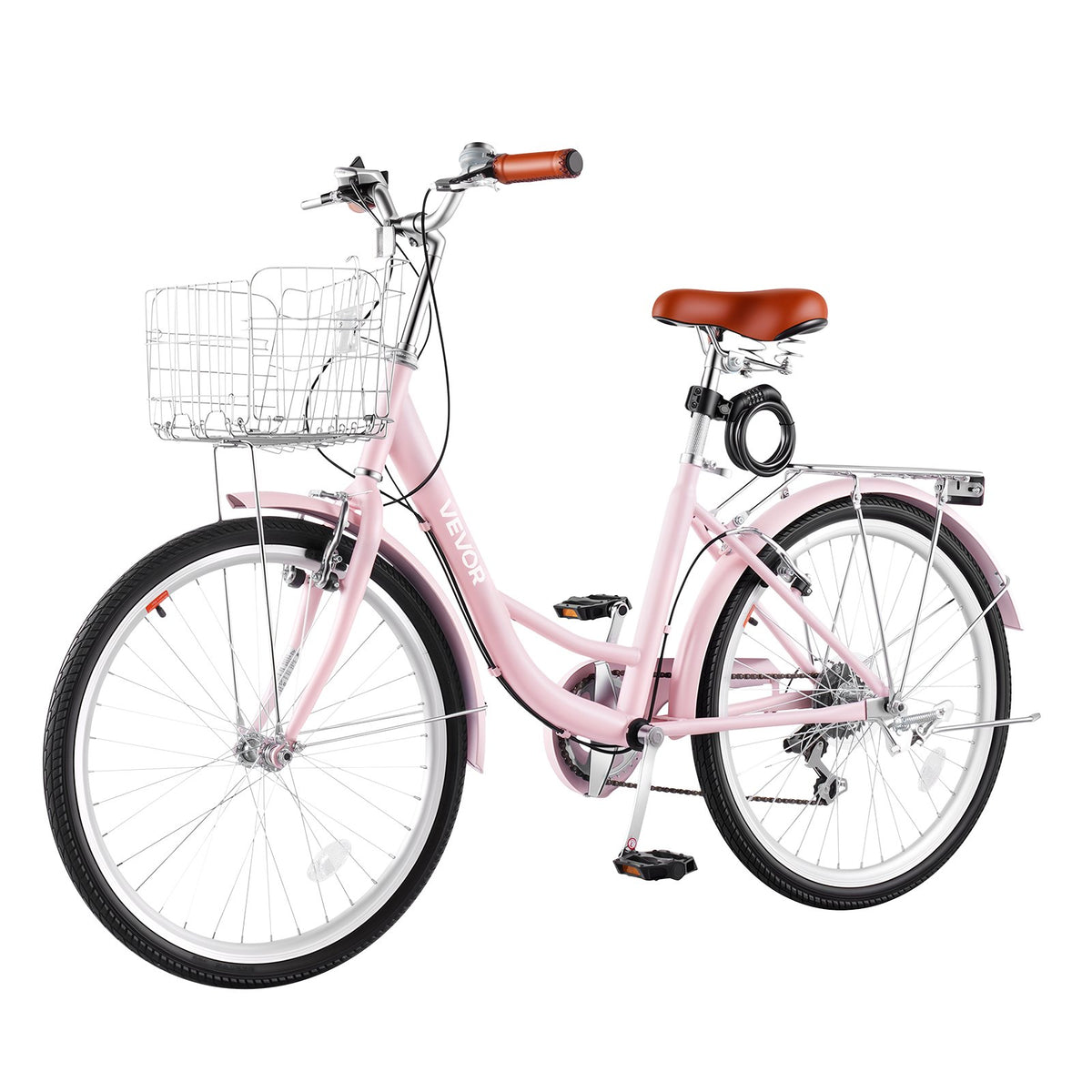 VEVOR Women Bike, 24 in Beach Cruiser Bike, 7-Speed Adult City Bicycle with Carbon Steel Frame, 330 lbs Capacity, Basket, Rear Rack & Dual V-Brakes, Pink - DGXYJZXCG24IXCW6I001V0 - view 10