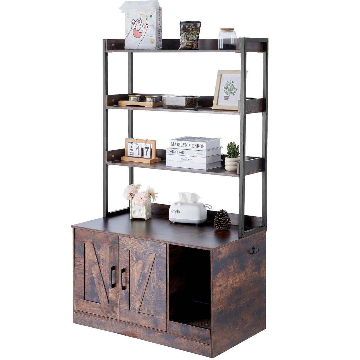 VEVOR Cat Litter Box Enclosure, Hidden Litter Box Furniture with 3 Storage Shelves, Wooden Cat Washroom Indoor, Large Cat House Cabinet Hidden Fit Most Litter Box, 33.5"L x 19.3"W x 58.7"H, Dark Brown - DHSCBBSNJSMSUOAB6V0 - view 10