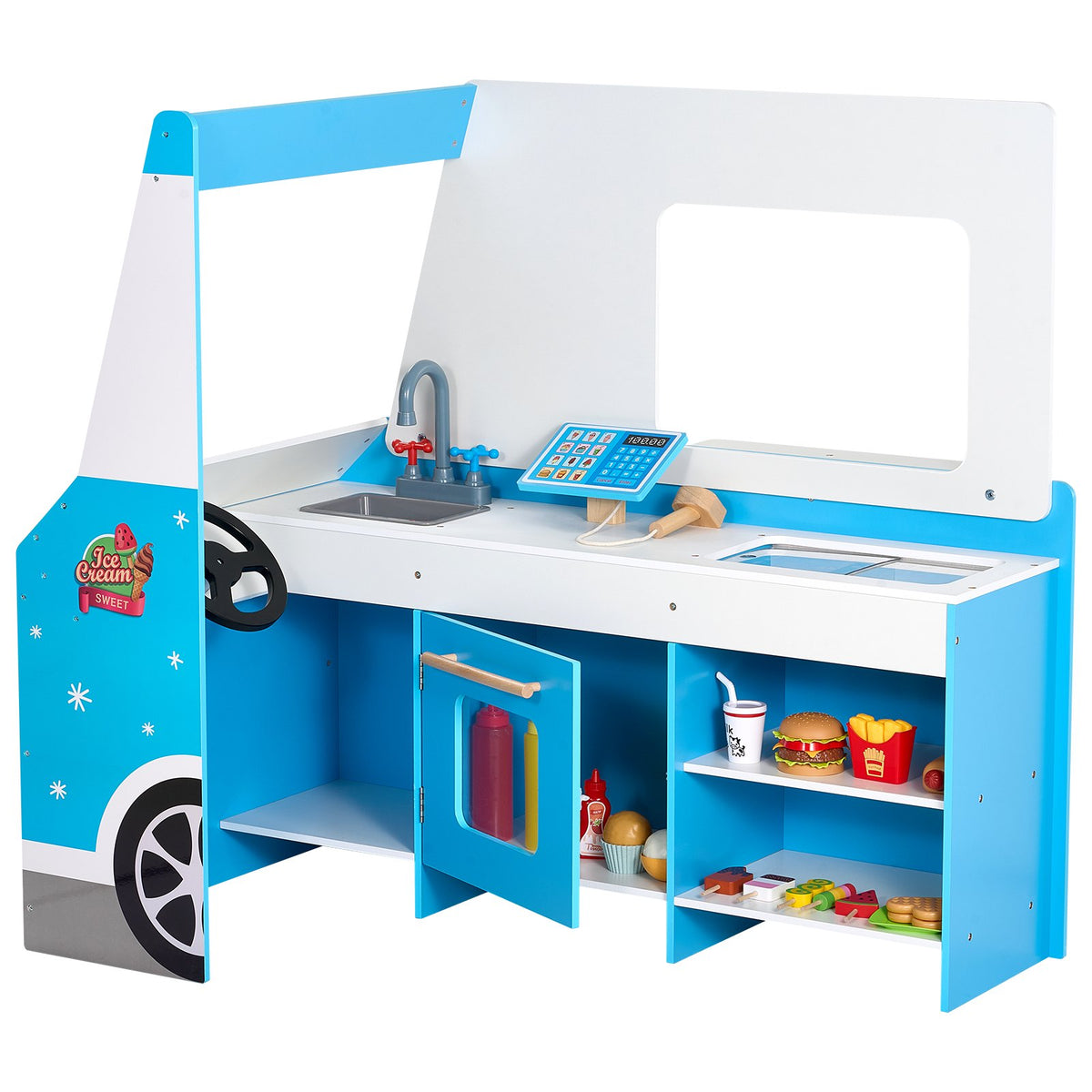 VEVOR Ice Cream Cart for Kids, 20+ PCS Ice Cream Truck Wooden Playset, Pretend Play Stand with Steering Wheel & Chalkboard, Payment Scanner & Freezer, Faucet & Sink, Suitable for Kids 3-7 Years Old - DKSHCMZKCDKSSH4LLV0 - view 10