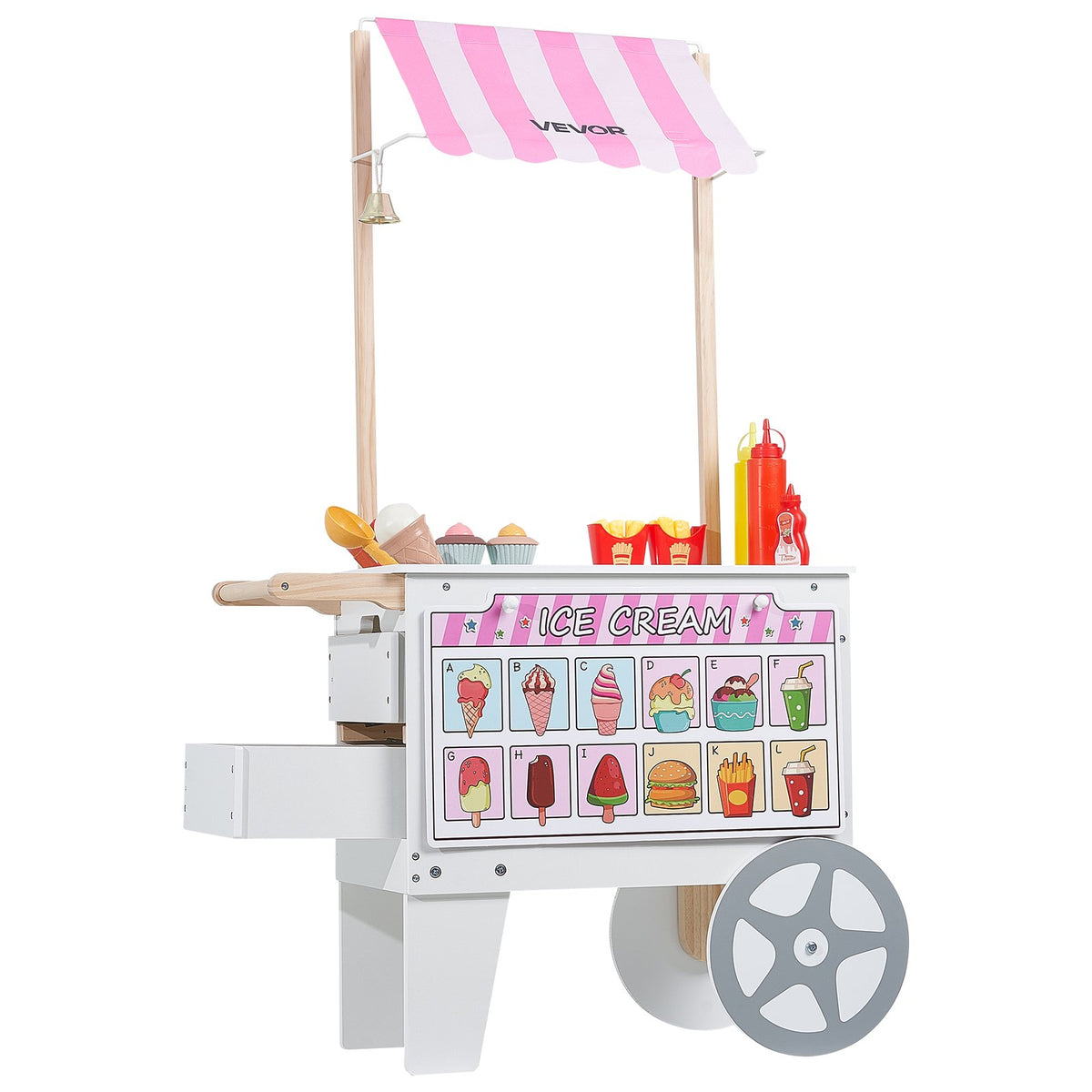 VEVOR Ice Cream Cart for Kids, 20+ PCS Accessories, Pretend Play Ice Cream Shop Kitchen Food Toys with Ice Cream Cone & Popsicle, Awning & Freezer, Storage Drawers & Flipping Menus, For Kids Aged 3-7 - DKSHCMZSHCDKKU5IYV0 - view 10
