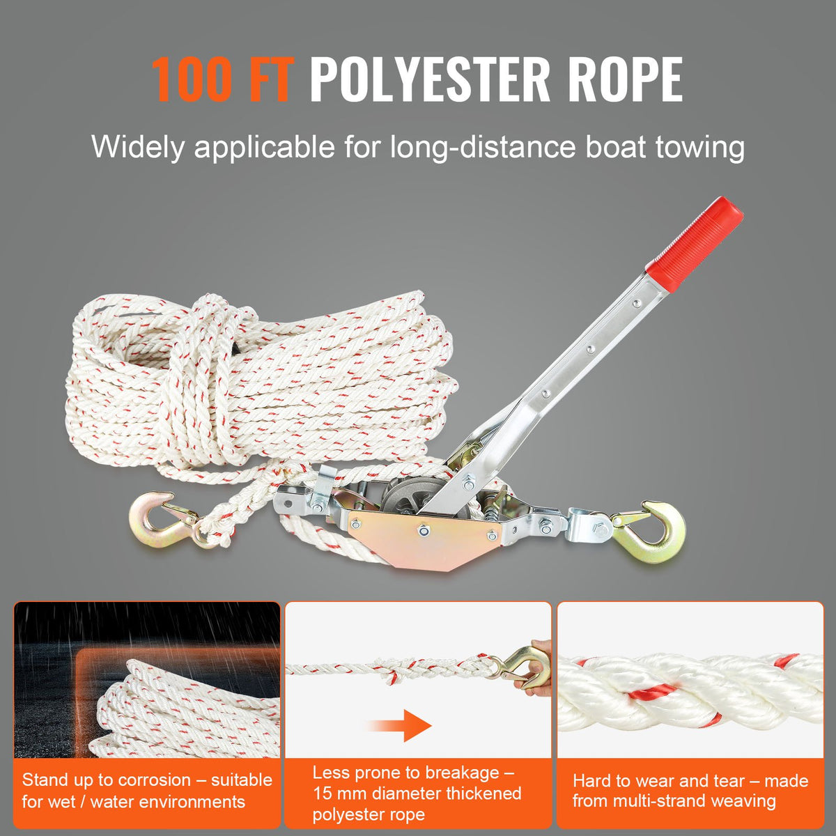 VEVOR Rope Puller, 3/4 Ton (1, 653 lbs) Pulling Capacity, with 100' of 0.6" dia. Rope, 2 Hook, Come Along Winch