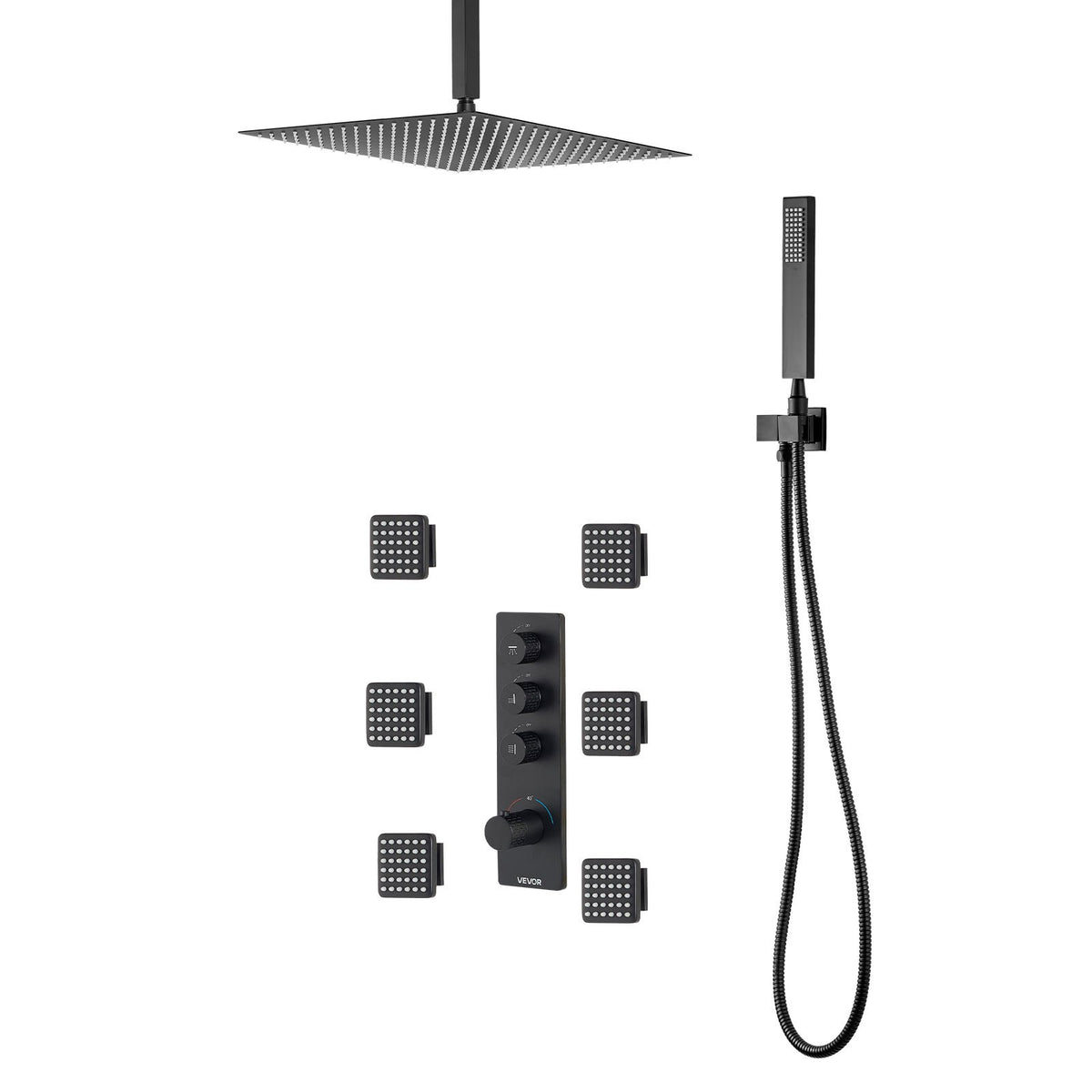 VEVOR Shower Faucet Set, 16 Inch Thermostatic Ceiling Mount Rainfall Shower System with 6 Body Jets and Handheld Spray, Rotatable 3-Function Rain Head Complete Brass Valve and Trim Kit, Matte Black - DPBPHSPHSTZX9PG8O001V0 - view 10