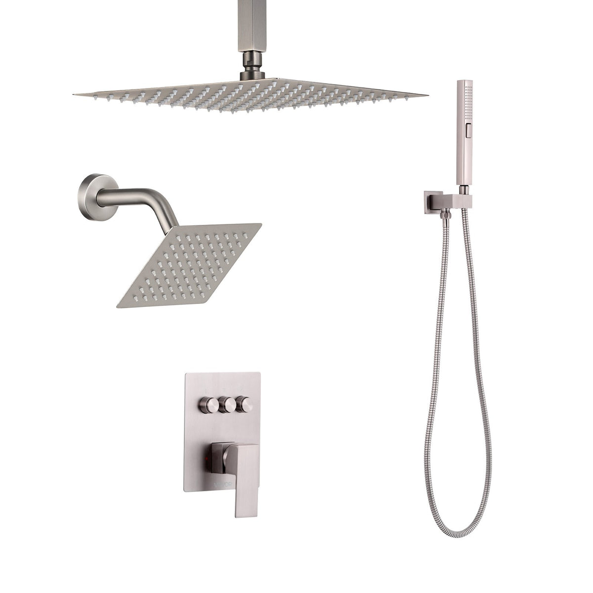VEVOR Shower Faucet Set, 10 Inch Ceiling Mount Rainfall Shower System with 6 Inch Wall Mount Head and 2 in 1 Handheld Spray, Rotatable 3-Function Dual Rain Head Brass Valve & Trim Kit, Brushed Nickel - DPCPHSPHSTZXDAW4I001V0 - view 10