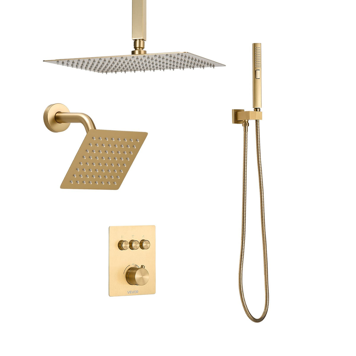 VEVOR Shower Faucet Set, 12 Inch Thermostatic Ceiling Mount Rainfall Shower System with 6 Inch Wall Mount Head and 2 in 1 Handheld Spray, 3-Function Dual Rain Head Brass Valve Trim Kit, Brushed Gold - DPCPHSPHSTZXFIWQI001V0 - view 10