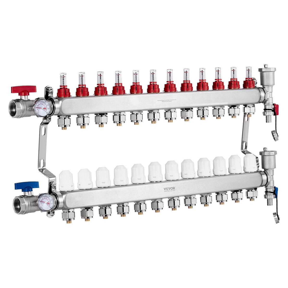 VEVOR 12-Branch Radiant Heat Manifold, 1/2" PEX Tubing Manifold, Stainless Steel PEX Manifold for Hydronic Radiant Floor Heating, Radiant Heat PEX Manifold Kit with 1/2" Adapters Included - DRFSQBXG12HLT7SLLV0 - view 10