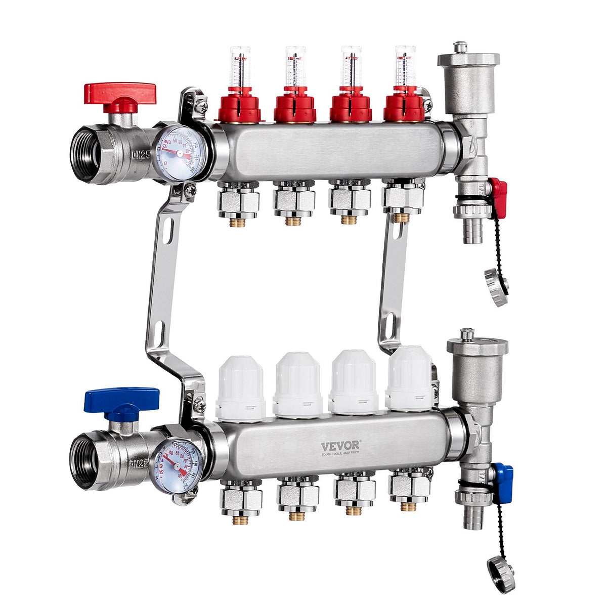 VEVOR 4-Branch Radiant Heat Manifold, 1/2" PEX Tubing Manifold, Stainless Steel PEX Manifold for Hydronic Radiant Floor Heating, Radiant Heat PEX Manifold Kit with 1/2" Adapters Included - DRFSQBXG4HL071I7LV0 - view 10